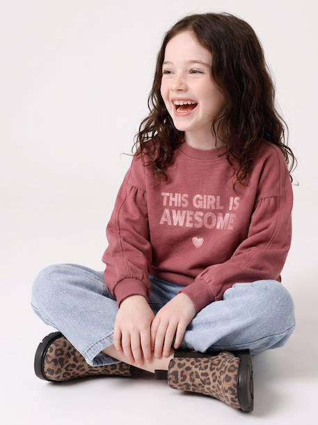 Sweatshirt with round neck for girls mauve+pale pink - vertbaudet enfant 