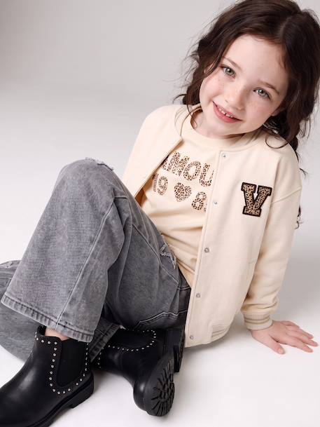 Varsity-Style Fleece Jacket for Girls beige+marl grey+navy blue - vertbaudet enfant 