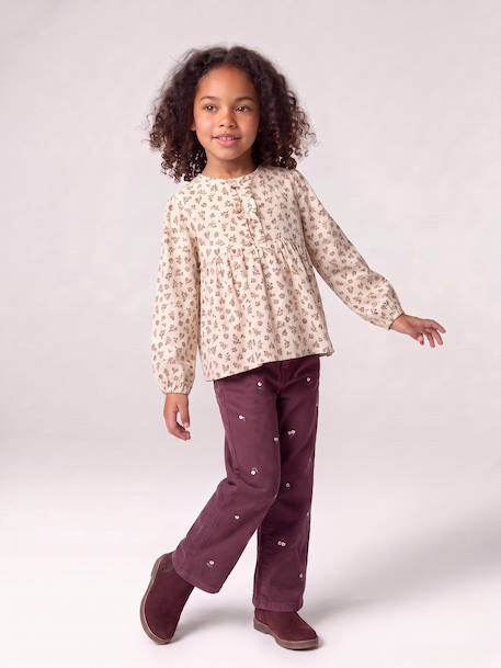 Embroidered girl's mom fit trouser grey green+plum+rosy - vertbaudet enfant 