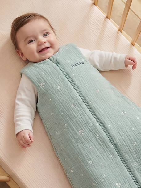 Sleeveless Cotton Muslin Travel Jumpsuit with Moon & Stars Print sage green - vertbaudet enfant 