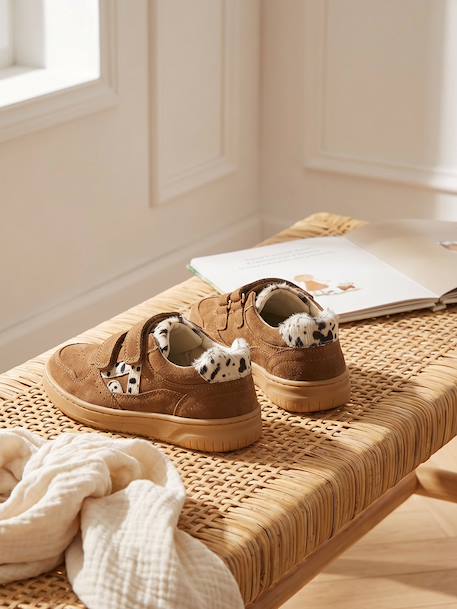 Baskets enfant fille cuir à scratchs beige+jaune d'or+marron+vieux rose - vertbaudet enfant 