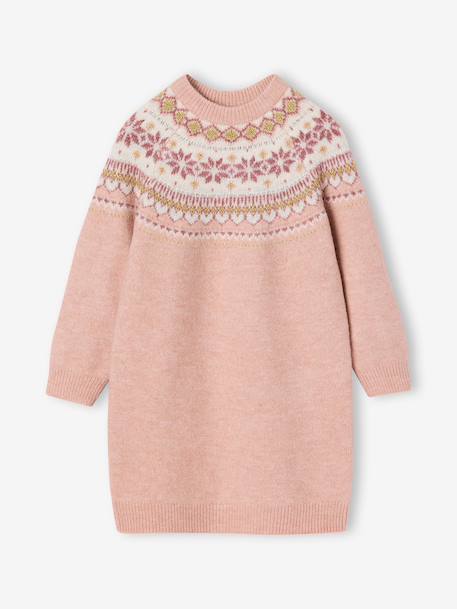 Jacquard knit dress with long sleeves for girls camel+rosy+sage green - vertbaudet enfant 
