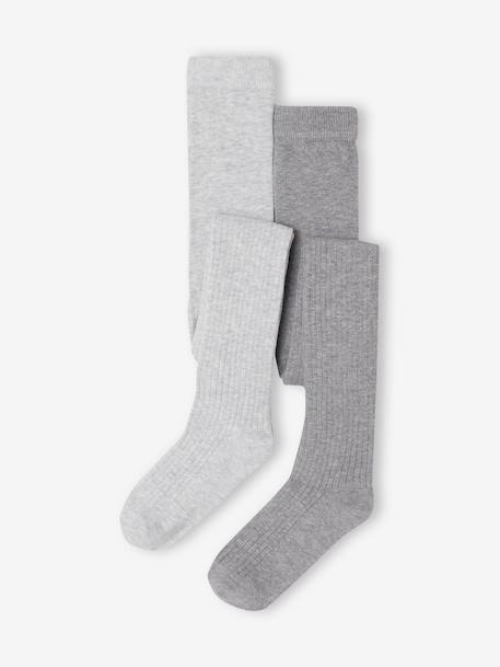 Lot de 2 paires de collants en maille côtelée fille bleu nuit+brown+gris chiné - vertbaudet enfant 