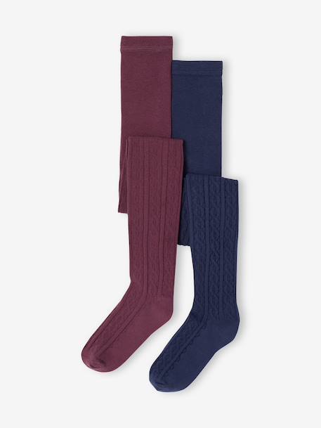 Pack of 2 Pairs of Fancy Knit Tights for Girls navy blue+plum - vertbaudet enfant 