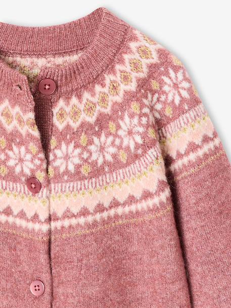 Fancy Jacquard Knit Cardigan in Shimmery Yarn for Girls ecru+mauve - vertbaudet enfant 