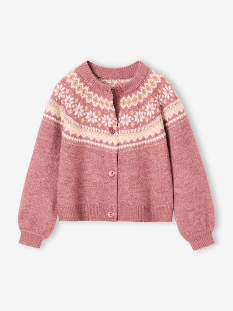 Gilet jacquard fille maille fantaisie fil brillant écru+mauve - vertbaudet enfant 