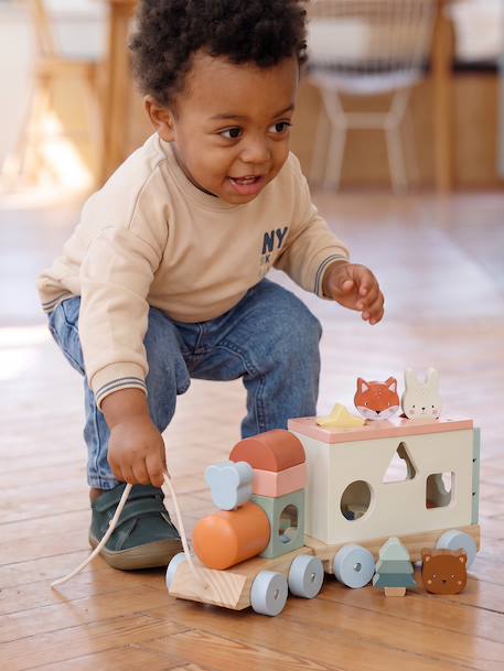 FSC100® Happy Forest wooden pull-along activity train ecru - vertbaudet enfant 