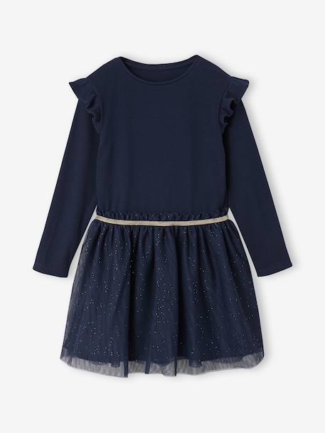 Dual Fabric Christmas Special Dress with Tulle Skirt for Girls ecru+navy blue - vertbaudet enfant 