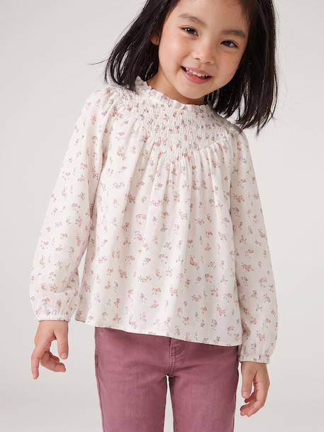 Girl's blouse with smocked sleeves ivory+sage green+vanilla - vertbaudet enfant 
