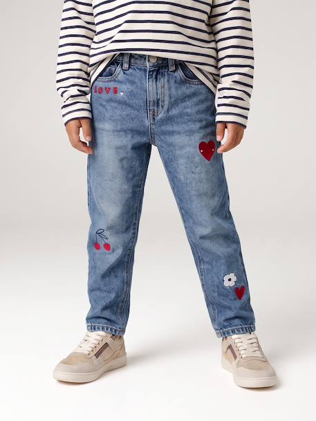 Girls' embroidered floral Mom jeans blue+light blue+medium blue - vertbaudet enfant 