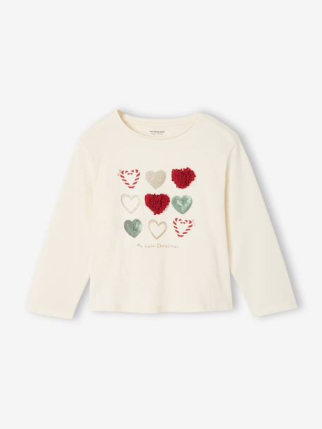 Long Sleeve T-Shirt with Heart in Relief, for Girls blush+ecru+green+white - vertbaudet enfant 