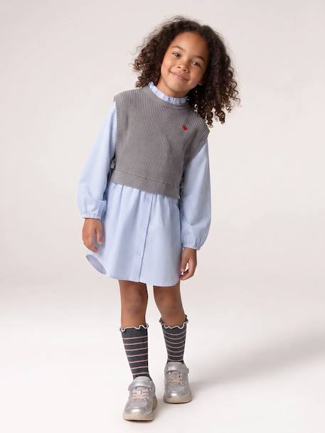 2-in-1-Effect Shirt Dress ecru+marl grey+navy blue - vertbaudet enfant 