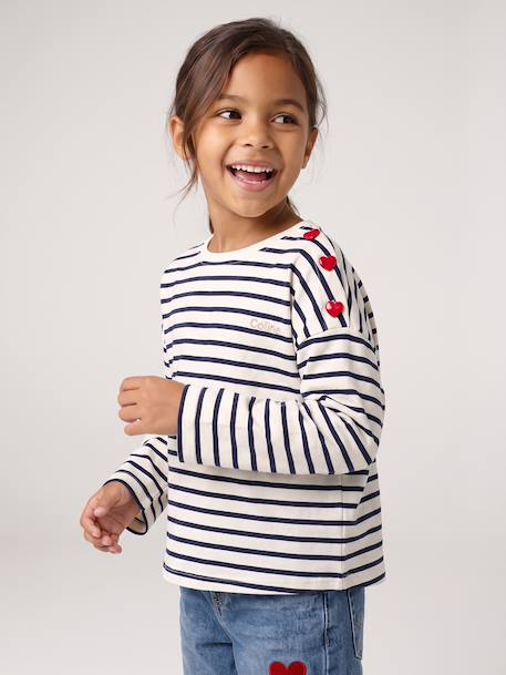 Striped long-sleeved T-shirt for girls mauve+navy blue+sweet pink - vertbaudet enfant 