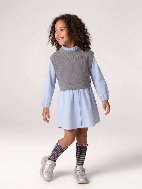 Robe-chemise fille effet 2 en 1 écru+gris chiné+marine - vertbaudet enfant 