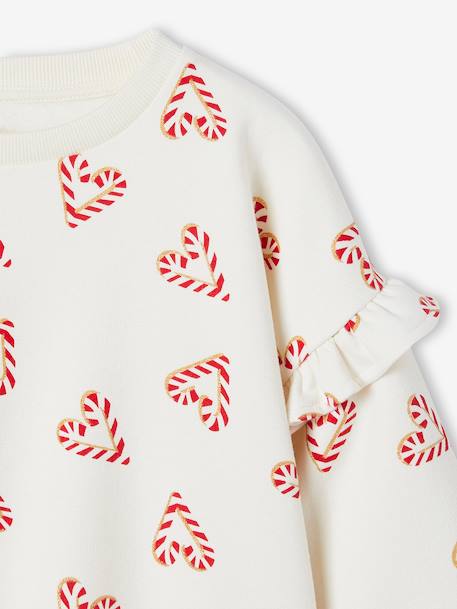 Sweat fille noël coeurs pailletés manches volantées écru+rose poudré - vertbaudet enfant 