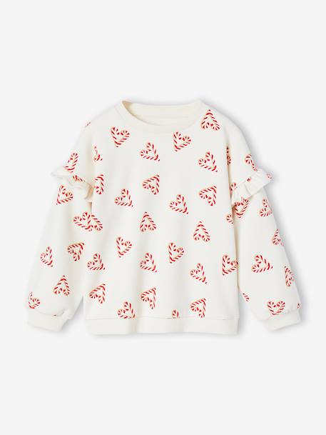 Sweat fille noël coeurs pailletés manches volantées écru+rose poudré - vertbaudet enfant 