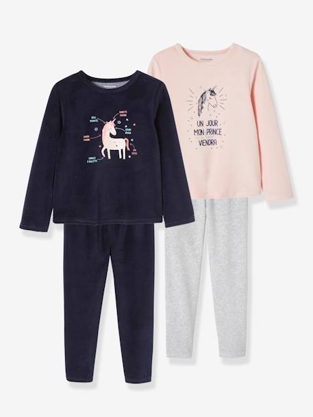 Pack of 2 'Unicorn' Velour Pyjamas for Girls Light Pink - vertbaudet enfant 