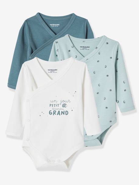 Pack of 3 Long-Sleeved Bodysuits for Newborns, Organic Cotton, Lovely Nature Dark Green/Multi+White+White/Multi - vertbaudet enfant 