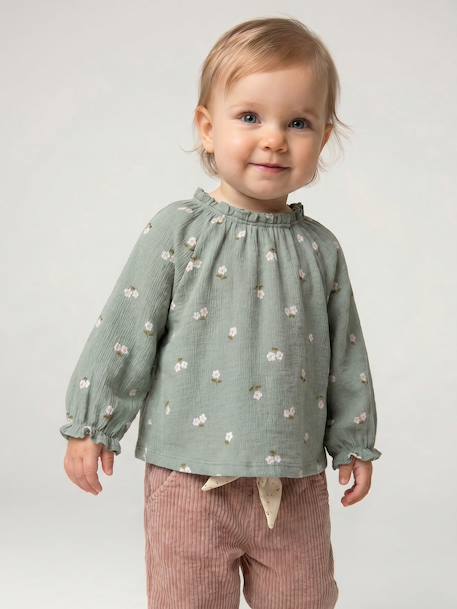Long-sleeved T-shirt for baby girls sage green+vanilla - vertbaudet enfant 