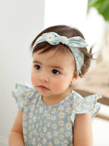 Jumpsuit + Headband Set, for Baby Girls Green/Print+pale pink+rosy - vertbaudet enfant 