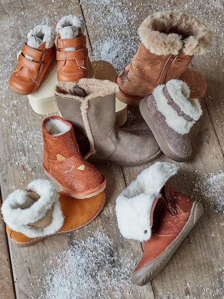 Furry Leather Boots for Baby Girls Beige - vertbaudet enfant 