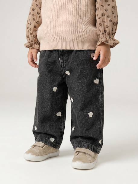 Wide-leg jeans with small embroidered hearts denim grey+stone - vertbaudet enfant 