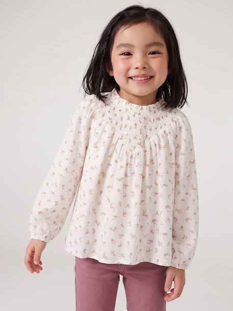 Girl's blouse with smocked sleeves ivory+sage green+vanilla - vertbaudet enfant 