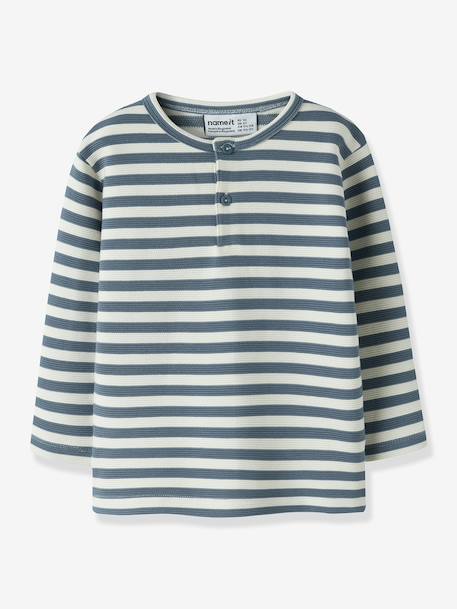 T-shirt striped with button placket Name It for boys grey blue+olive - vertbaudet enfant 
