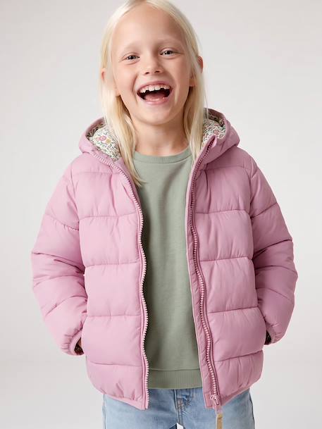 Lightweight hooded puffer jacket for girls grey green+lilac+navy blue+plum+rose - vertbaudet enfant 