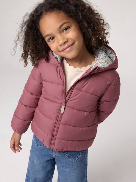 Lightweight hooded puffer jacket for girls grey green+lilac+navy blue+plum+rose - vertbaudet enfant 