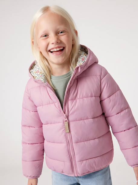 Lightweight hooded puffer jacket for girls grey green+lilac+navy blue+plum+rose - vertbaudet enfant 