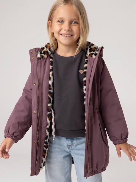 Hooded Parka with Faux Fur Lining for Girls black+camel+dark green+dusky pink+navy blue+plum - vertbaudet enfant 