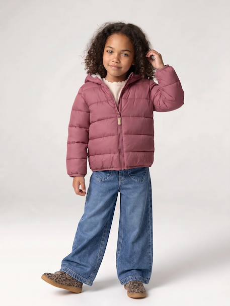 Lightweight hooded puffer jacket for girls grey green+lilac+navy blue+plum+rose - vertbaudet enfant 