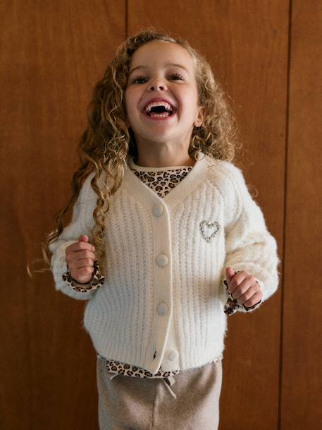Buttoned cardigan for girls ecru+old rose - vertbaudet enfant 