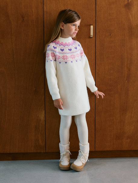 Jacquard knit dress with long sleeves for girls ecru - vertbaudet enfant 