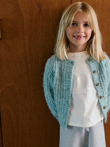 Gilet fille loose maille mousseuse bleu pétrole+gris chiné+menthe+rose+violine - vertbaudet enfant 