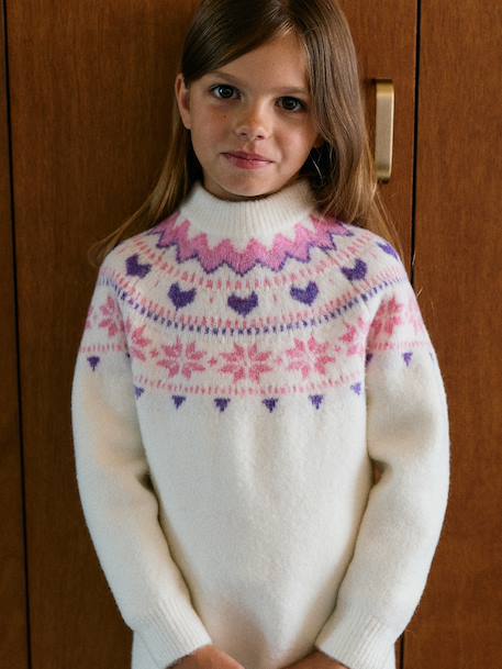 Jacquard knit dress with long sleeves for girls ecru - vertbaudet enfant 
