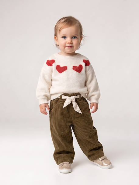 Pantalon large en velours ceinture à fleurs bébé olive+vieux rose - vertbaudet enfant 