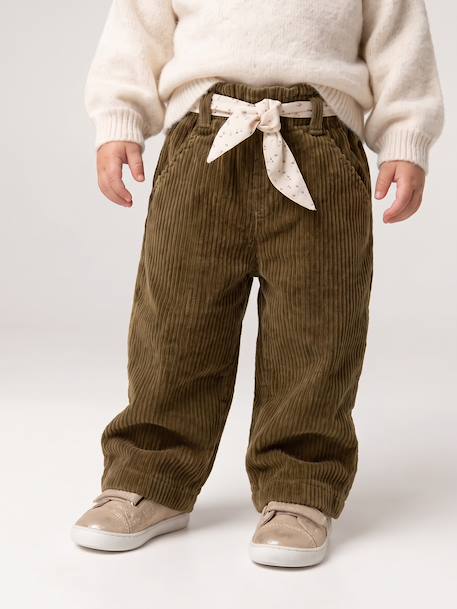 Wide Trousers in Corduroy with Flowers Belt for Babies old rose+olive - vertbaudet enfant 