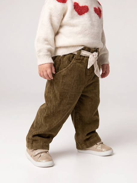 Wide Trousers in Corduroy with Flowers Belt for Babies old rose+olive - vertbaudet enfant 