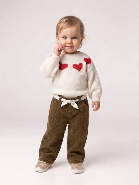 Wide Trousers in Corduroy with Flowers Belt for Babies old rose+olive - vertbaudet enfant 