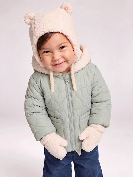 Puffer jacket with hat and mittens for baby girls sage green - vertbaudet enfant 