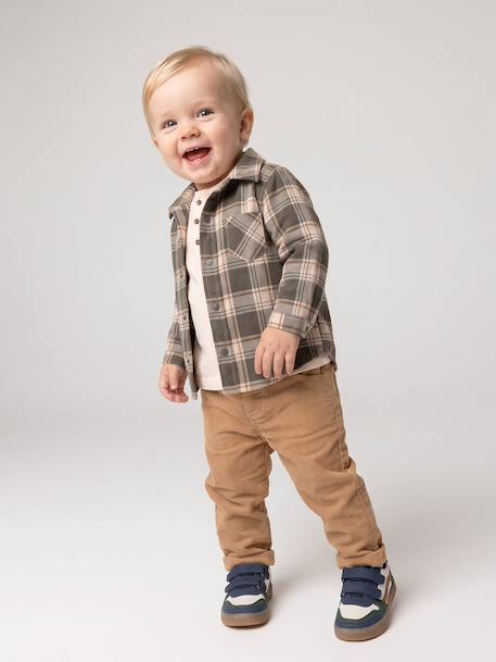 Chequered Flannel Shirt for Babies khaki+navy blue - vertbaudet enfant 