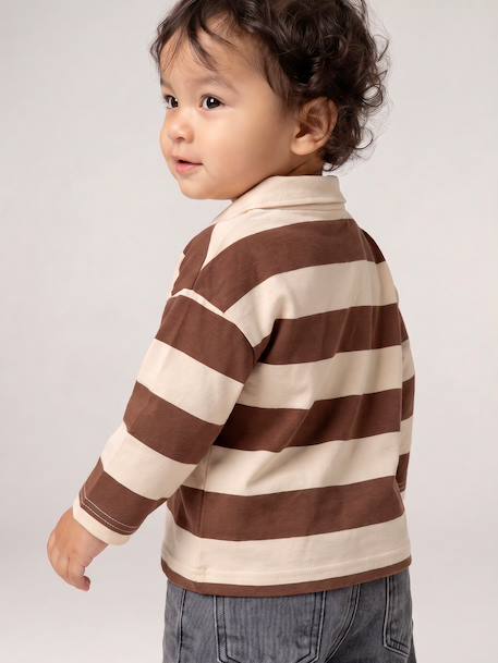 T-shirt polo bébé rayé manches longues bleu grisé+cacao - vertbaudet enfant 