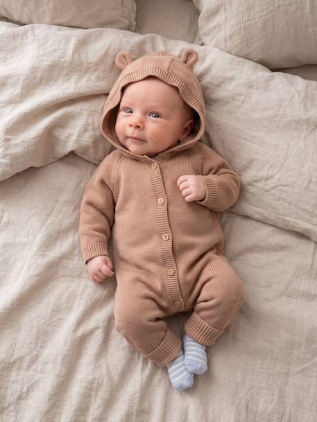 Long-sleeved hooded playsuit for baby boys beige - vertbaudet enfant 