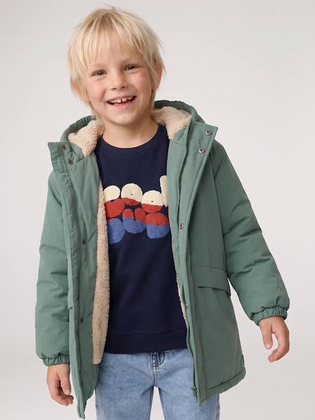 Hooded Sherpa-Lined Parka for Boys black+khaki+sage green+taupe - vertbaudet enfant 