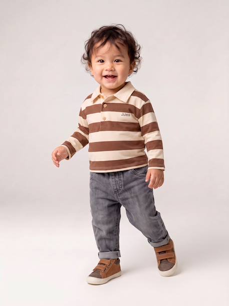 T-shirt polo bébé rayé manches longues bleu grisé+cacao - vertbaudet enfant 