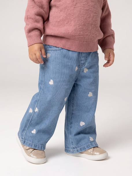 Wide-leg jeans with small embroidered hearts denim grey+stone - vertbaudet enfant 