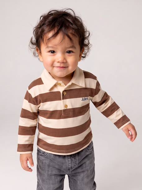 T-shirt polo bébé rayé manches longues bleu grisé+cacao - vertbaudet enfant 