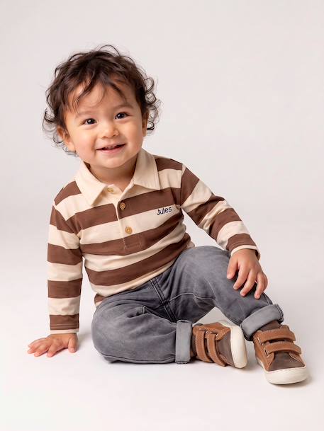 Striped long-sleeved baby polo shirt cocoa+grey blue - vertbaudet enfant 